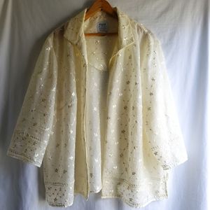 R & M Richards Cream Color Open Embroidery Floral Print Sheer Jacket Size:20W